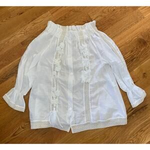 Anjuna Off the Shoulder White Button Down Blouse Small Floral Eyelet Long Sleeve